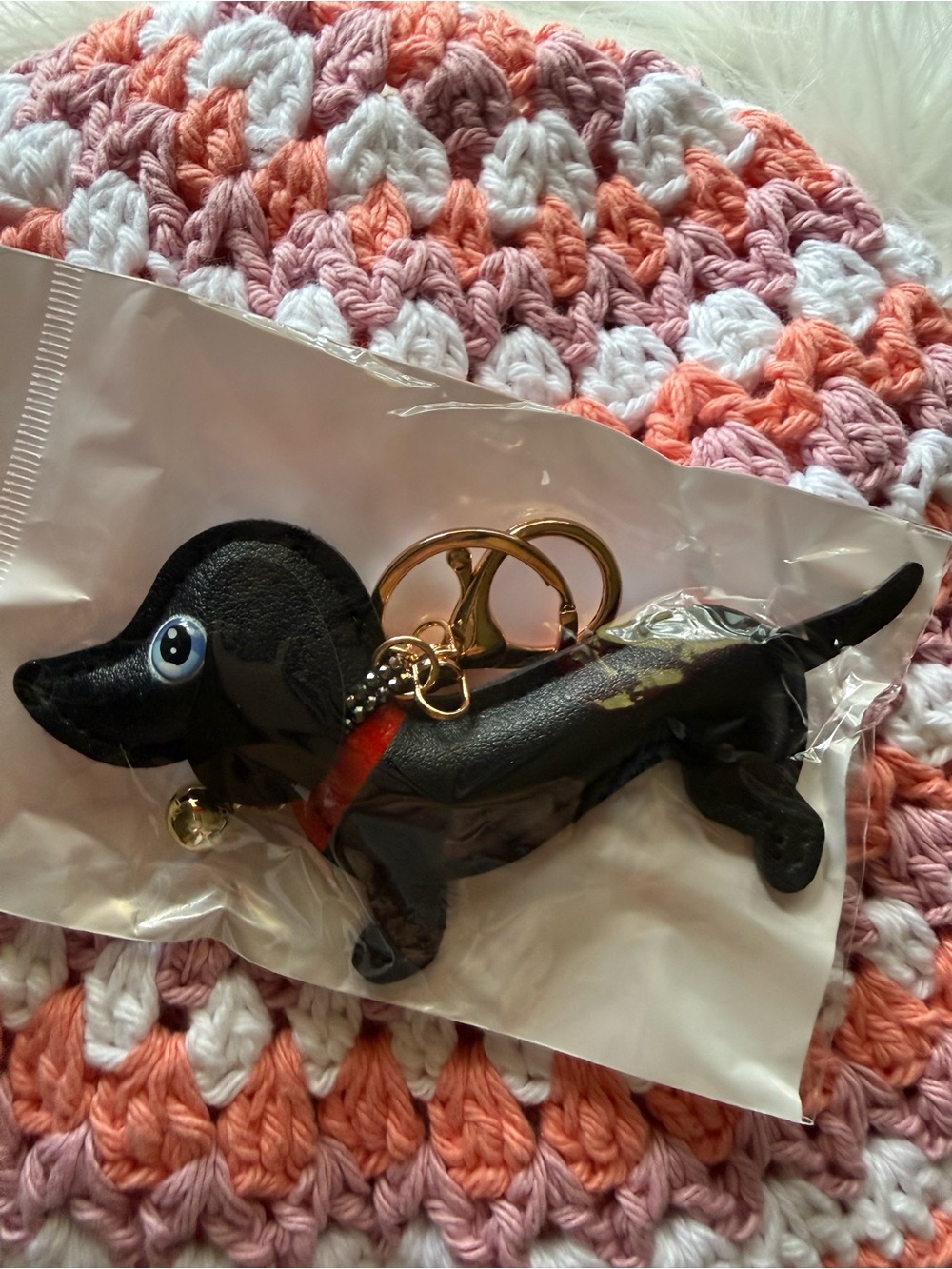 Black Dachshund Keychain with Red Collar and Gold Hardware